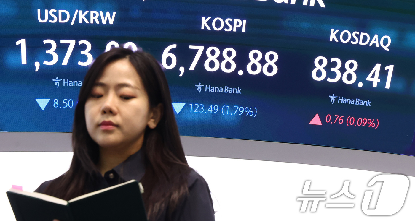 (서울=뉴스1) 최지환 기자 = 28일 오후 서울 중구 하나은행 본점 딜링룸 전광판에 환율 및 코스피 종가가 표시되어 있다.이날 코스피는 전 거래일 대비 1.79% 하락한 6,78 …