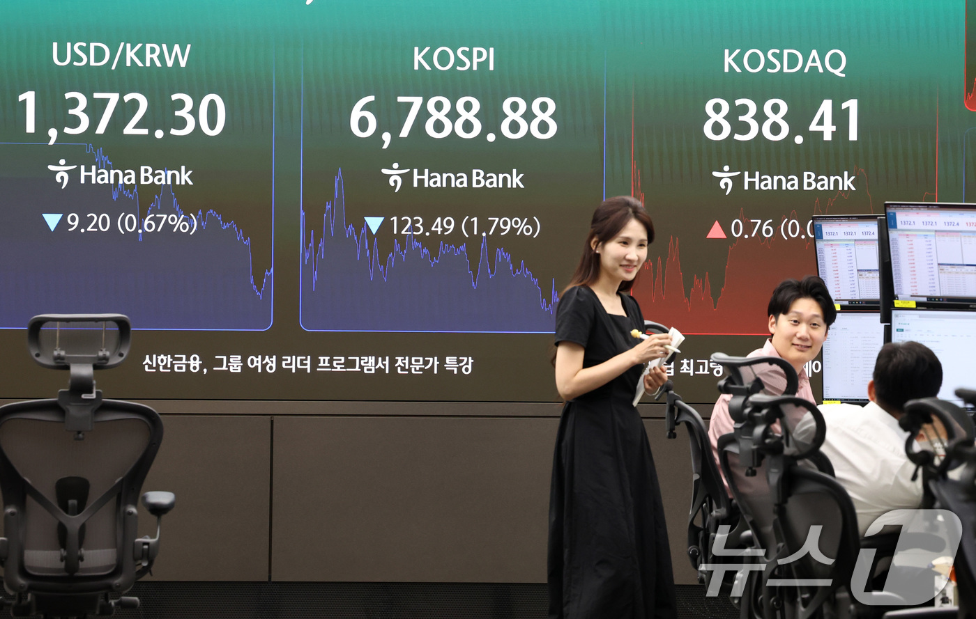 (서울=뉴스1) 최지환 기자 = 28일 오후 서울 중구 하나은행 본점 딜링룸 전광판에 환율 및 코스피, 코스닥 종가가 표시돼 있다.이날 코스피는 전 거래일 대비 1.79% 하락한 …