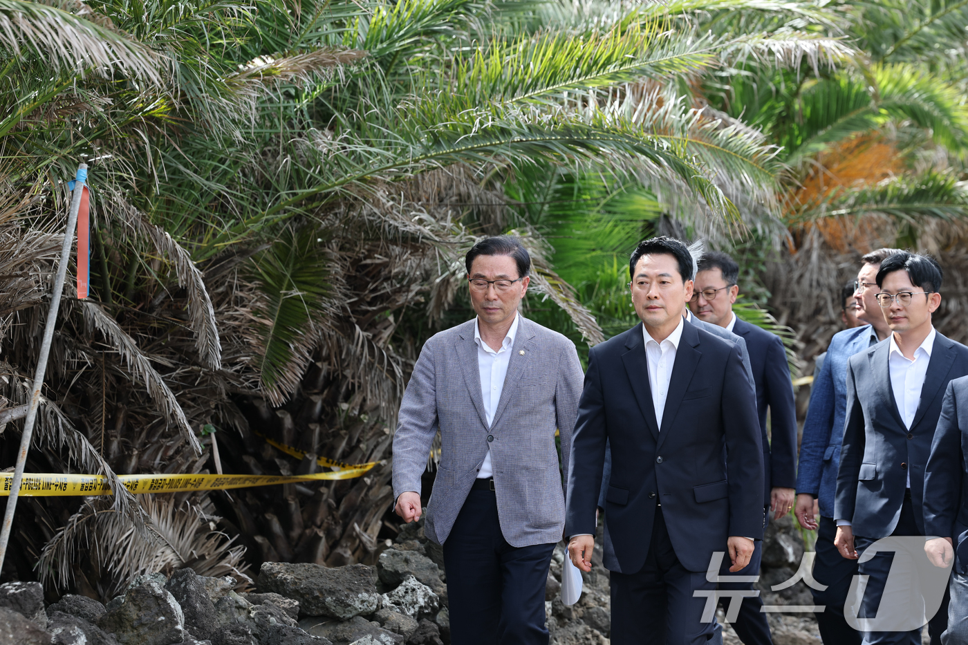 (제주=뉴스1) 안은나 기자 = 장동혁 국민의힘 대표가 28일 제주시 한림읍을 찾아 실종신고 허위 종결 사건 피해자 장 모씨의 시신이 발견된 야자수숲 현장을 살펴보고 있다. 202 …