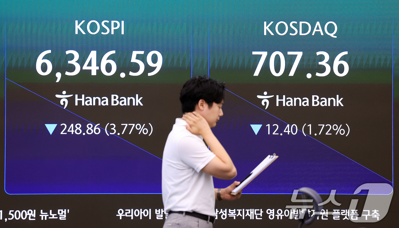 (서울=뉴스1) 이호윤 기자 = 3일 서울 중구 하나은행 본점 딜링룸 전광판에 개장 시황이 나타나고 있다. 이날 코스피는 전일 대비 109.69포인트(3.60%) 내린 6358.2 …