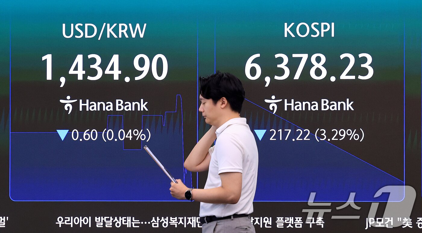 본문 이미지 - 3일 서울 중구 하나은행 본점 딜링룸 전광판에 개장 시황이 나타나고 있다. 2026.8.3 ⓒ 뉴스1 이호윤 기자