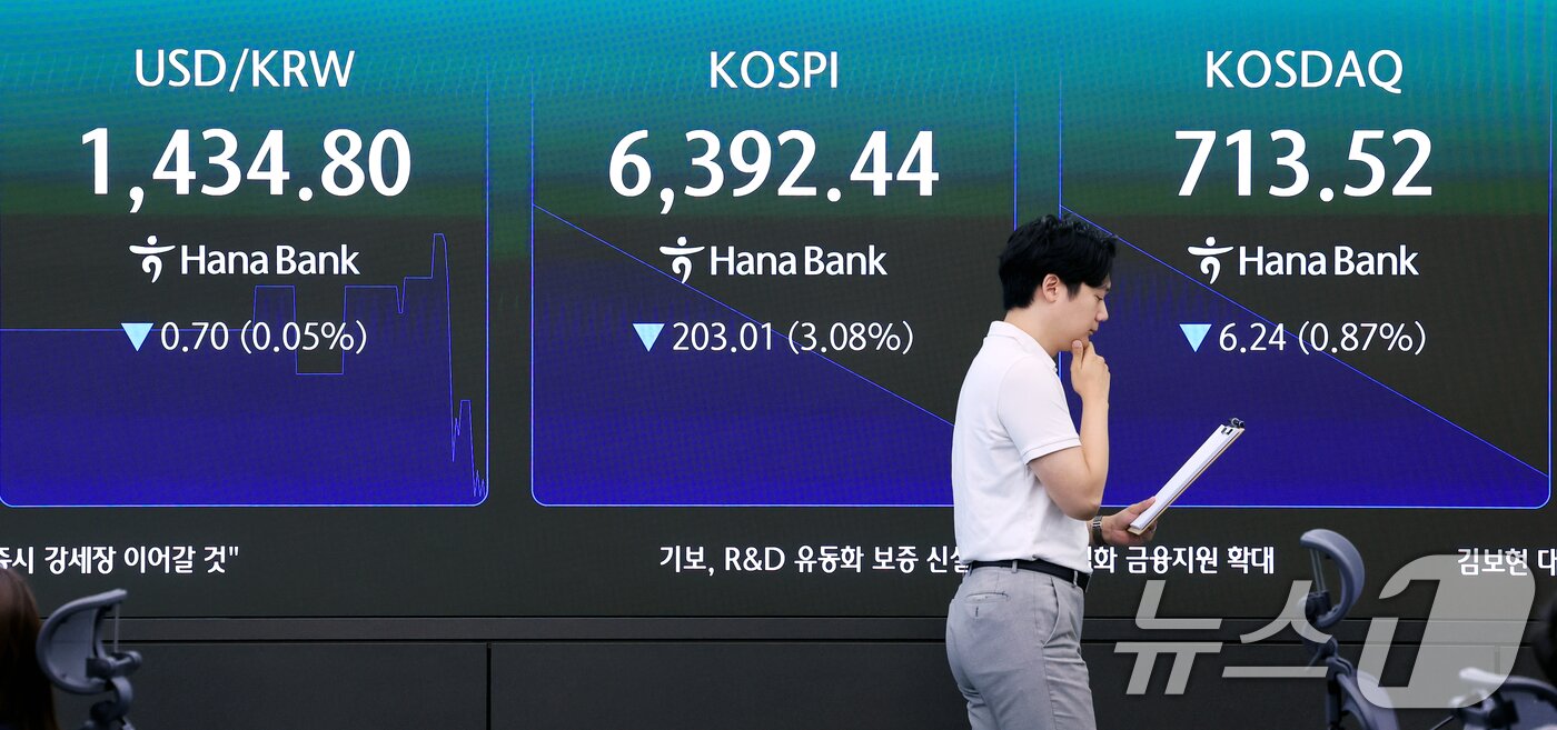 본문 이미지 - 3일 서울 중구 하나은행 본점 딜링룸 전광판에 개장 시황이 나타나고 있다.  2026.8.3 ⓒ 뉴스1 이호윤 기자