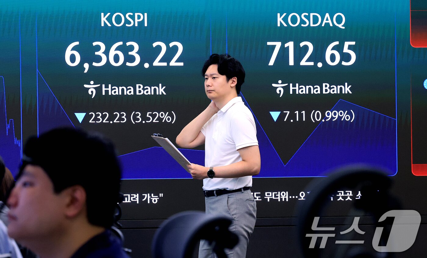 본문 이미지 - 3일 서울 중구 하나은행 본점 딜링룸 전광판에 개장 시황이 나타나고 있다. 이날 코스피는 전일 대비 109.69포인트(3.60%) 내린 6358.27을, 코스닥은 전일 대비 9.77포인트(1.36%) 하락한 709.99로 장을 열었다. 2026.8.3 ⓒ 뉴스1 이호윤 기자