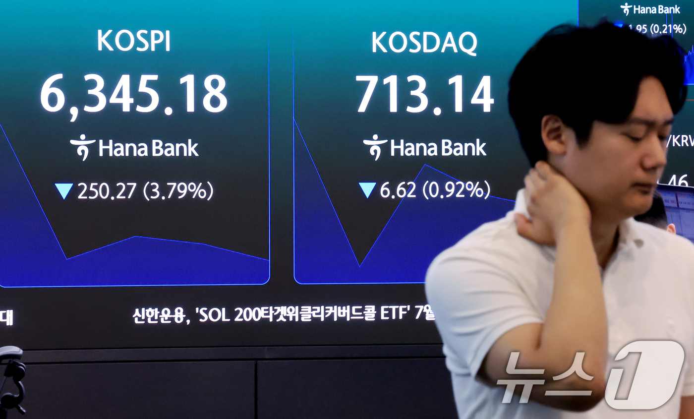(서울=뉴스1) 이호윤 기자 = 3일 서울 중구 하나은행 본점 딜링룸 전광판에 개장 시황이 나타나고 있다. 이날 코스피는 전일 대비 109.69포인트(3.60%) 내린 6358.2 …