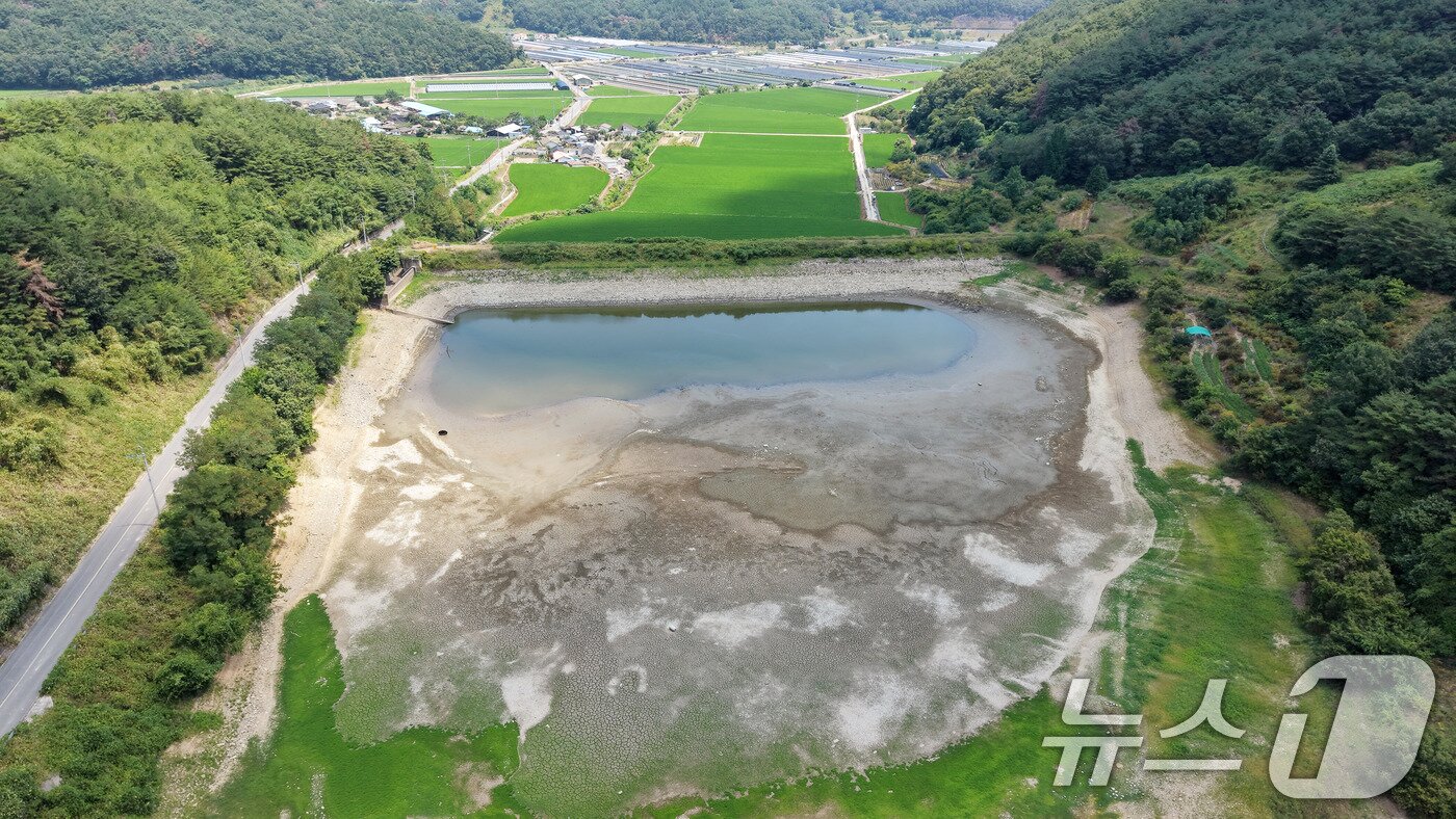 본문 이미지 - 경남 밀양에 농업용수 가뭄 단계가 '경계' 수준을 보이고 폭염중대경보가 발효 중인 3일 밀양시 무안면 가례저수지가 바닥을 드러낸 채 말라 있다. 한국농어촌공사 농촌용수종합정보시스템에 따르면 이날 기준 가례저수지의 저수율은 3.5%에 불과했다. 2026.8.3 ⓒ 뉴스1 윤일지 기자