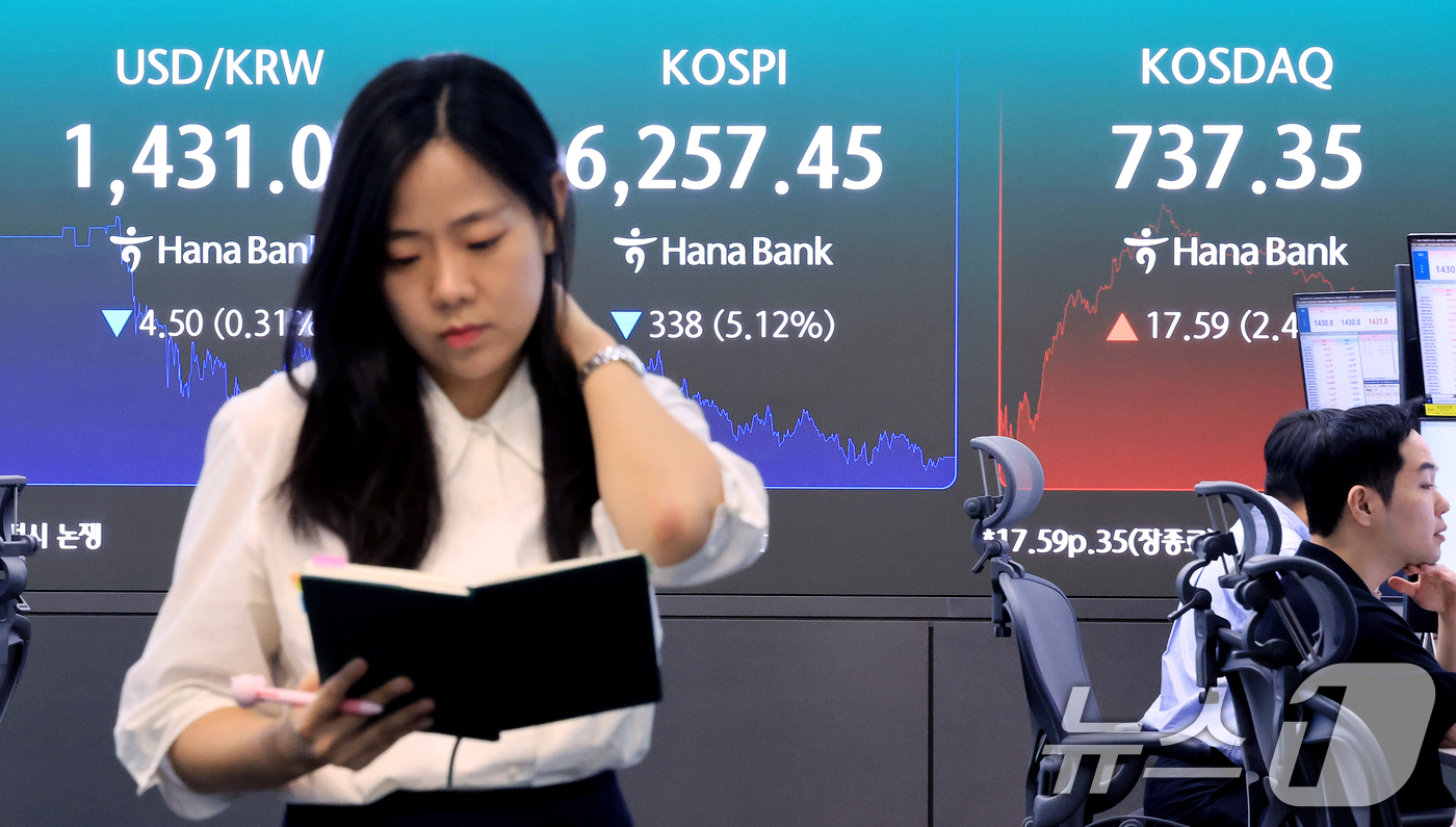 (서울=뉴스1) 이호윤 기자 = 3일 서울 중구 하나은행 본점 딜링룸 전광판에 종가가 표시되고 있다. 이날 코스피는 전 거래일 대비 338.00포인트(p)(5.12%) 내린 625 …