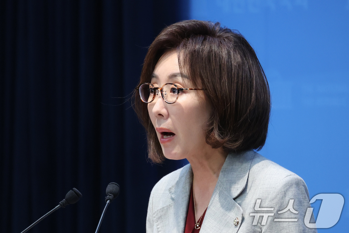 (서울=뉴스1) 신웅수 기자 = 나경원 국민의힘 의원이 30일 서울 여의도 국회 소통관에서 이찬진 금융감독원장 아들의 미래에셋운용 재직 관련 기자회견을 하고 있다. 2026.8.3 …