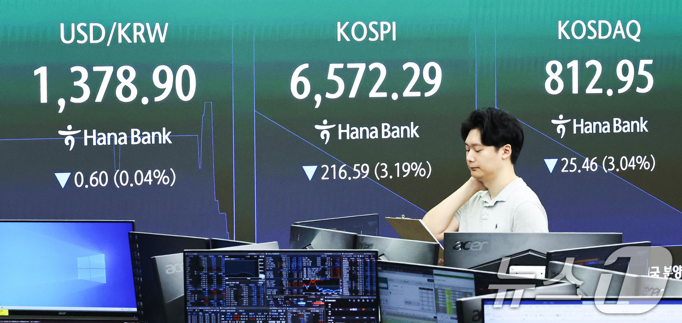 (서울=뉴스1) 이종수 기자 = 31일 오전 서울 중구 하나은행 딜링룸 전광판에 코스피 지수 등 시황이 표시되고 있다. 이날 코스피는 전 거래일 대비 175.30포인트(2.58%) …