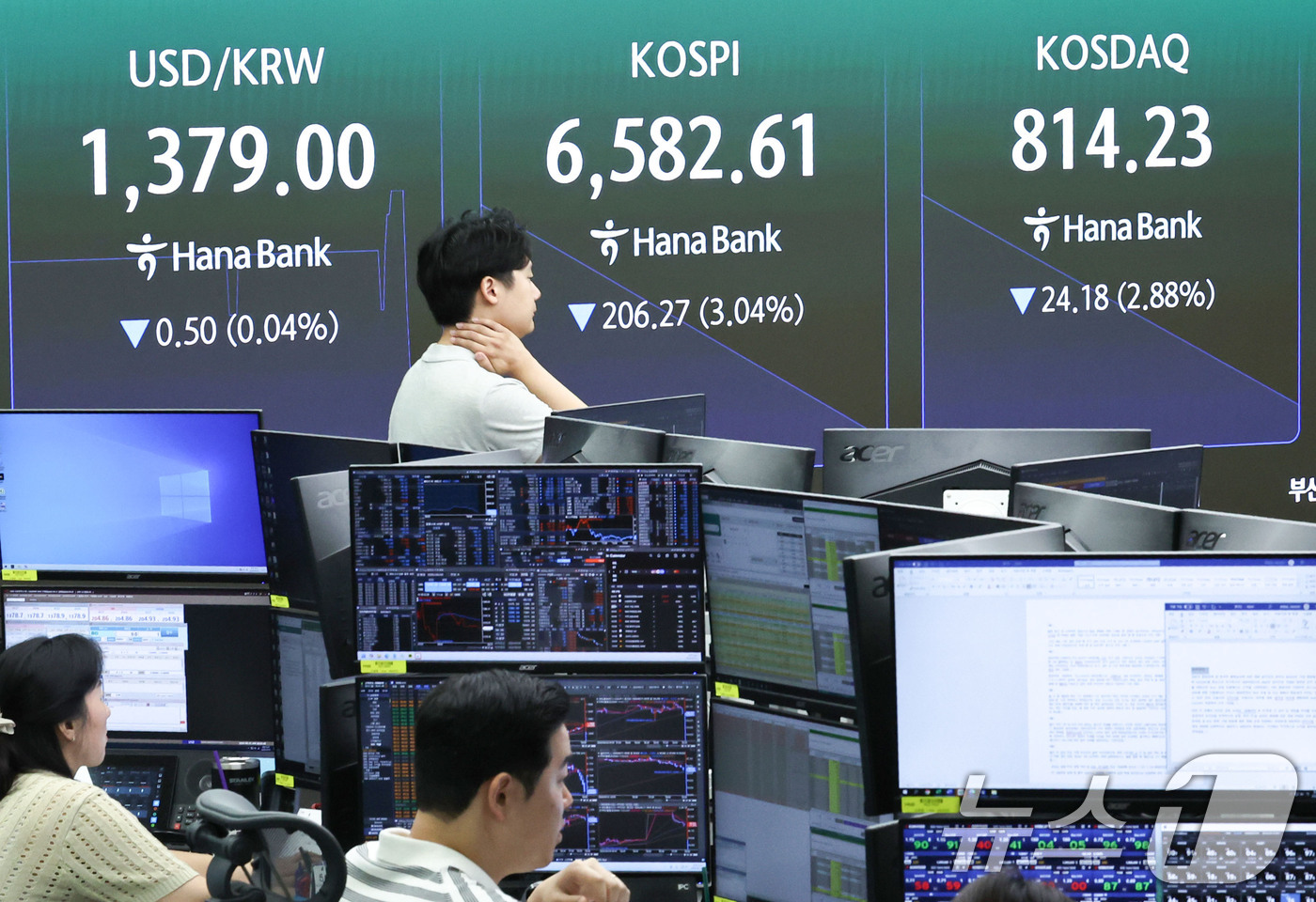 (서울=뉴스1) 이종수 기자 = 31일 오전 서울 중구 하나은행 딜링룸 전광판에 코스피 지수 등 시황이 표시되고 있다. 이날 코스피는 전 거래일 대비 175.30포인트(2.58%) …
