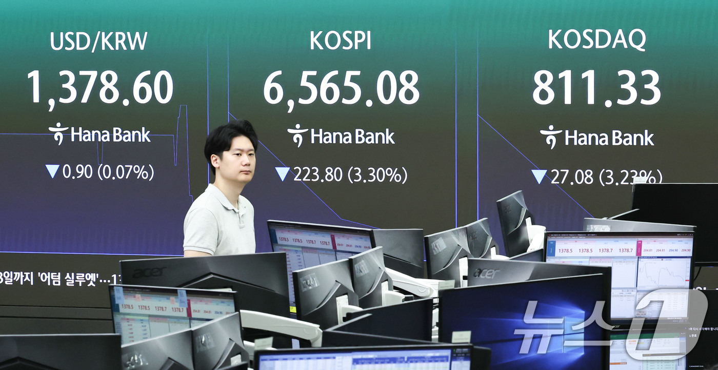 (서울=뉴스1) 이종수 기자 = 31일 오전 서울 중구 하나은행 딜링룸 전광판에 코스피 지수 등 시황이 표시되고 있다. 이날 코스피는 전 거래일 대비 175.30포인트(2.58%) …