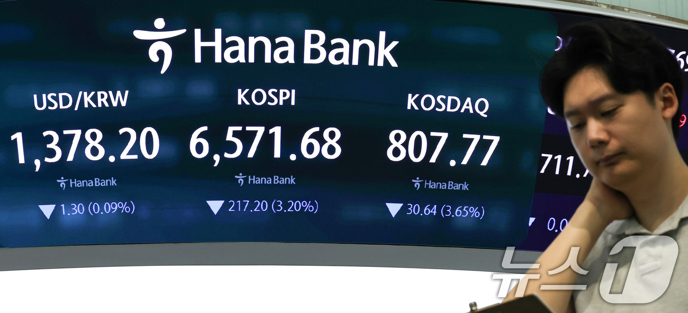 (서울=뉴스1) 이종수 기자 = 31일 오전 서울 중구 하나은행 딜링룸 전광판에 코스피 지수 등 시황이 표시되고 있다. 이날 코스피는 전 거래일 대비 175.30포인트(2.58%) …