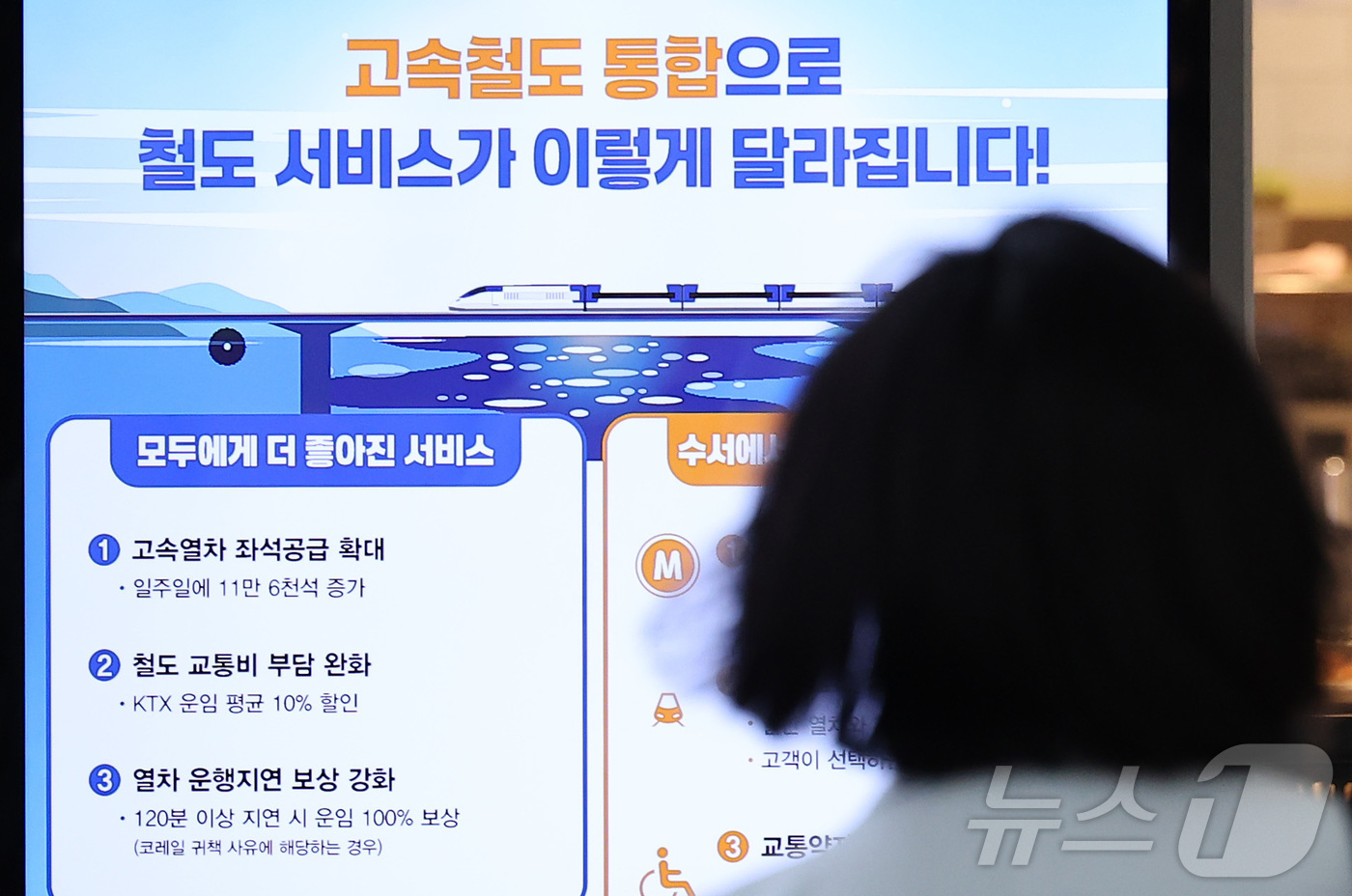 (서울=뉴스1) 김성진 기자 = KTX와 SRT의 통합 운행을 하루 앞둔 31일 오전 서울 중구 서울역에 고속철도 통합 운행 관련 안내문이 표시되어 있다.한국철도공사(코레일)와 에 …