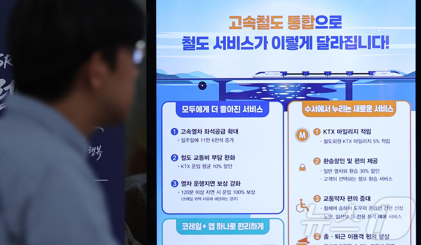 (서울=뉴스1) 김성진 기자 = KTX와 SRT의 통합 운행을 하루 앞둔 31일 오전 서울 중구 서울역에 고속철도 통합 운행 관련 안내문이 표시되어 있다.한국철도공사(코레일)와 에 …