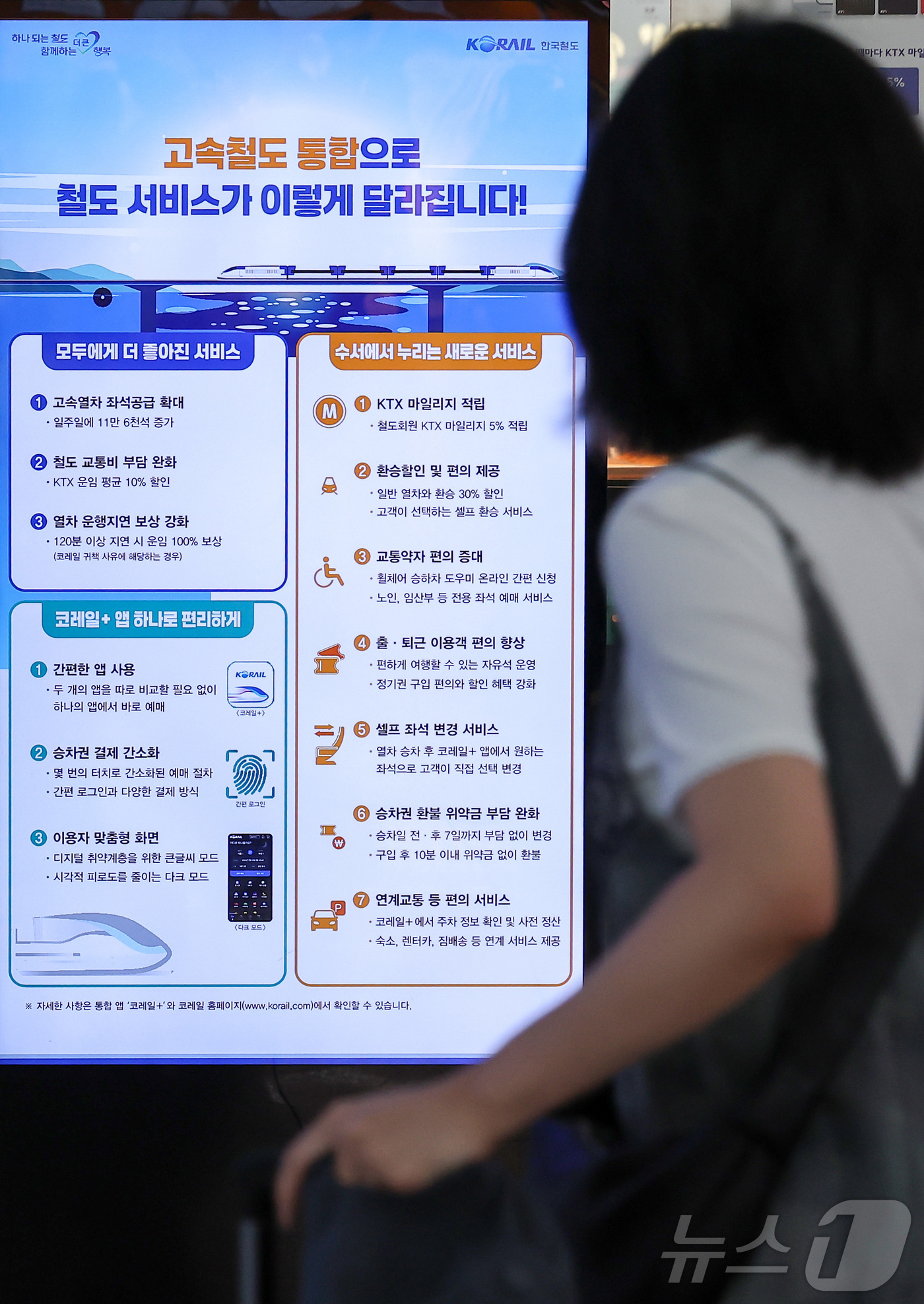 (서울=뉴스1) 김성진 기자 = KTX와 SRT의 통합 운행을 하루 앞둔 31일 오전 서울 중구 서울역에 고속철도 통합 운행 관련 안내문이 표시되어 있다.한국철도공사(코레일)와 에 …