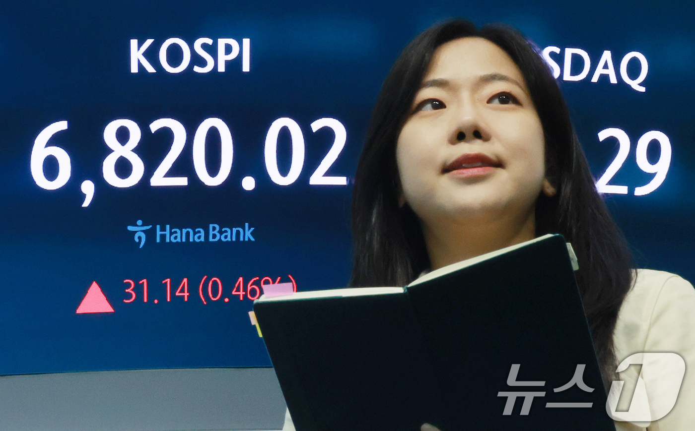 (서울=뉴스1) 이호윤 기자 = 31일 서울 중구 하나은행 본점 딜링룸 전광판에 코스피 종가가 표시되어 있다. 이날 코스피는 전 거래일 대비 31.14p(0.46%) 상승한 682 …