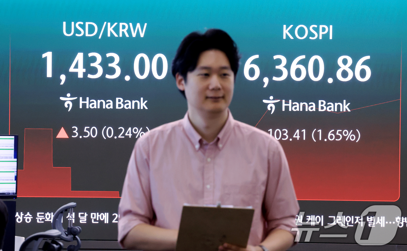 (서울=뉴스1) 이호윤 기자 = 4일 서울 중구 하나은행 본점 딜링룸 전광판에 코스피 등 시황이 표시되고 있다. 이날 코스피는 전 거래일 대비 93.93p(1.50%) 오른 635 …