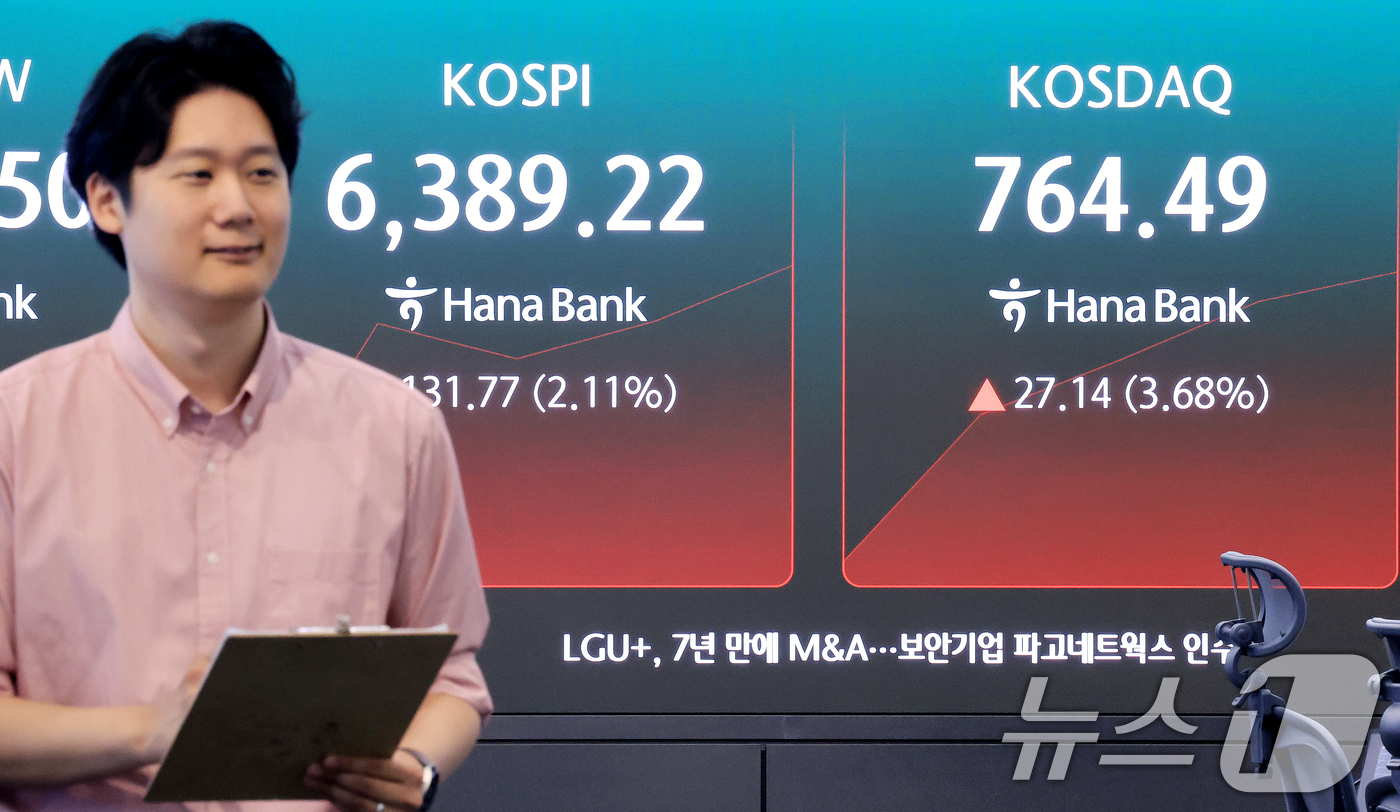 (서울=뉴스1) 이호윤 기자 = 4일 서울 중구 하나은행 본점 딜링룸 전광판에 코스피 등 시황이 표시되고 있다. 이날 코스피는 전 거래일 대비 93.93p(1.50%) 오른 635 …