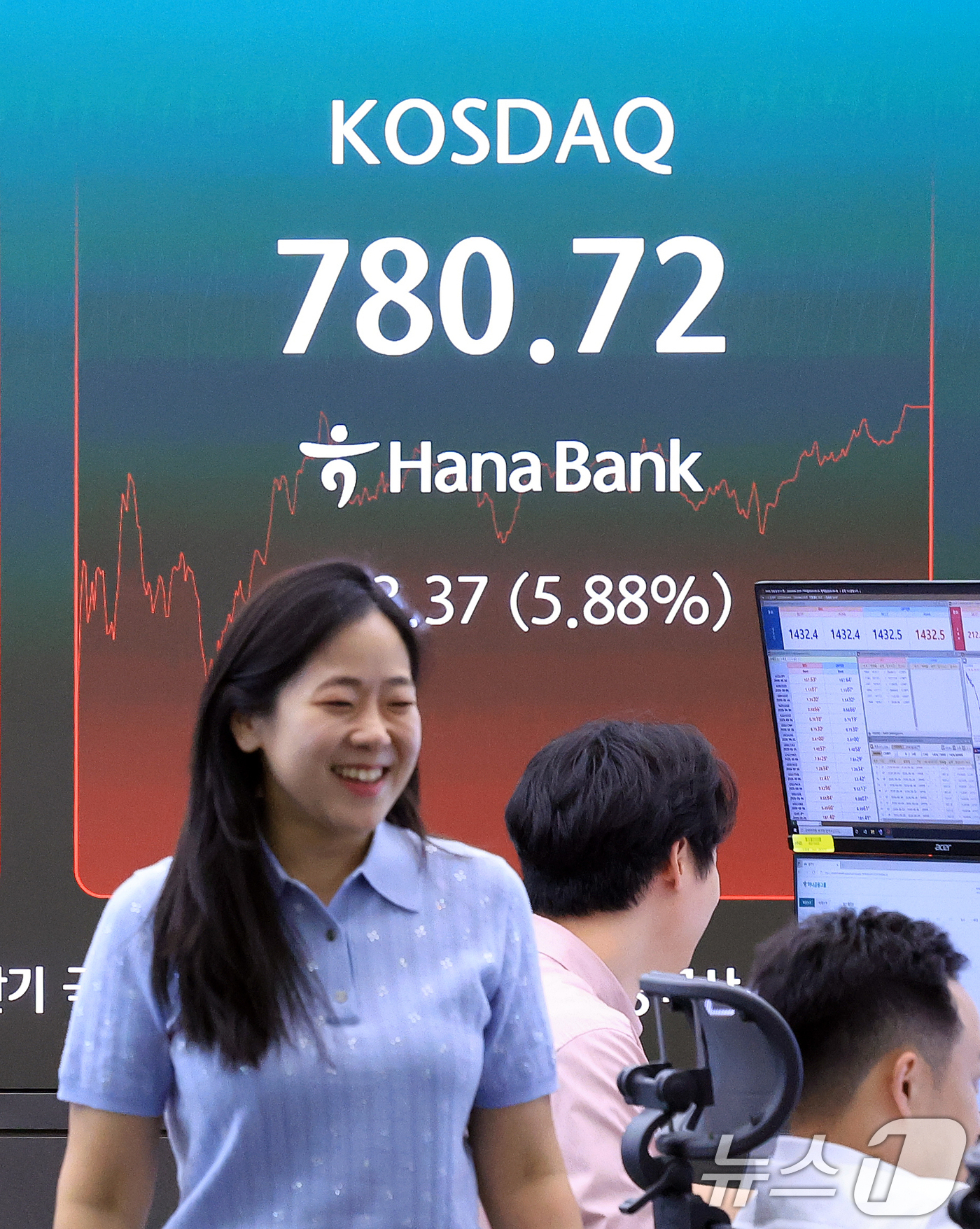 (서울=뉴스1) 이호윤 기자 = 4일 서울 중구 하나은행 본점 딜링룸 전광판에 종가가 표시되고 있다. 이날 코스피는 전 거래일 대비 101.50포인트(p)(1.62%) 오른 635 …