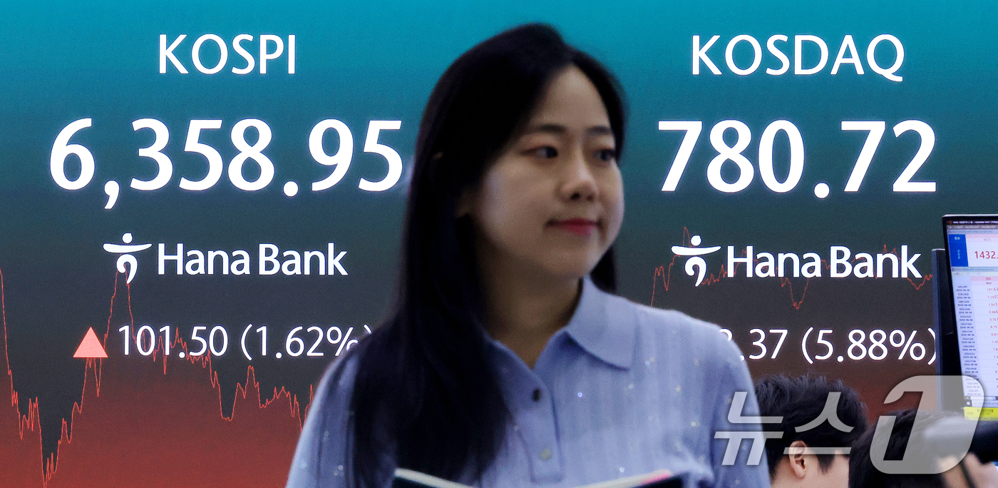 (서울=뉴스1) 이호윤 기자 = 4일 서울 중구 하나은행 본점 딜링룸 전광판에 종가가 표시되고 있다. 이날 코스피는 전 거래일 대비 101.50포인트(p)(1.62%) 오른 635 …