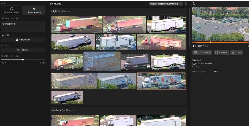 본문 이미지 - 블레이즈에서 '18륜 대형 트레일러'(18 wheeler truck) 키워드를 입력해 원하는 장면을 검색하는 모습.(한화비전제공)