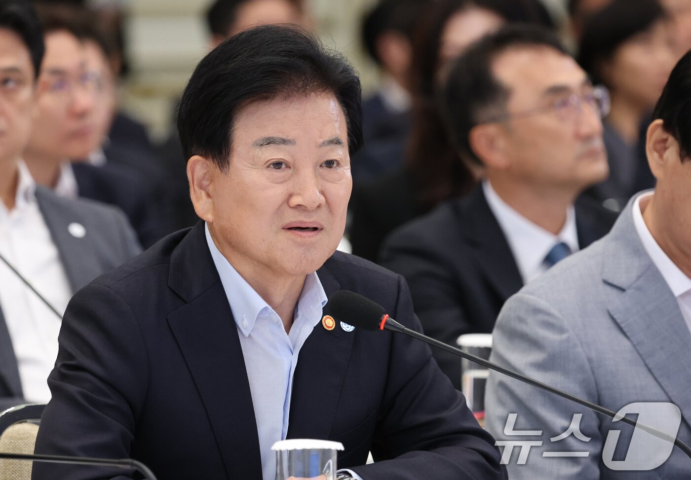 본문 이미지 - 정동영 통일부 장관이 5일 청와대 영빈관에서 열린 외교부, 통일부, 국방부, 국가보훈부 2차 업무보고에서 발언을 하고 있다. (청와대통신사진기자단) 2026.8.5 ⓒ 뉴스1 이재명 기자