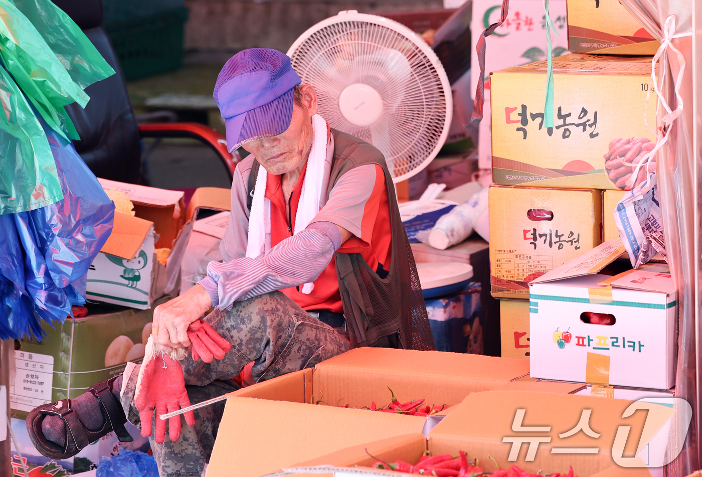 (서울=뉴스1) 최지환 기자 = 서울 전역에 폭염중대경보가 발령된 5일 서울 동대문구 경동시장에서 한 상인이 선풍기 밑에서 쉬고 있다. 2026.8.5/뉴스1