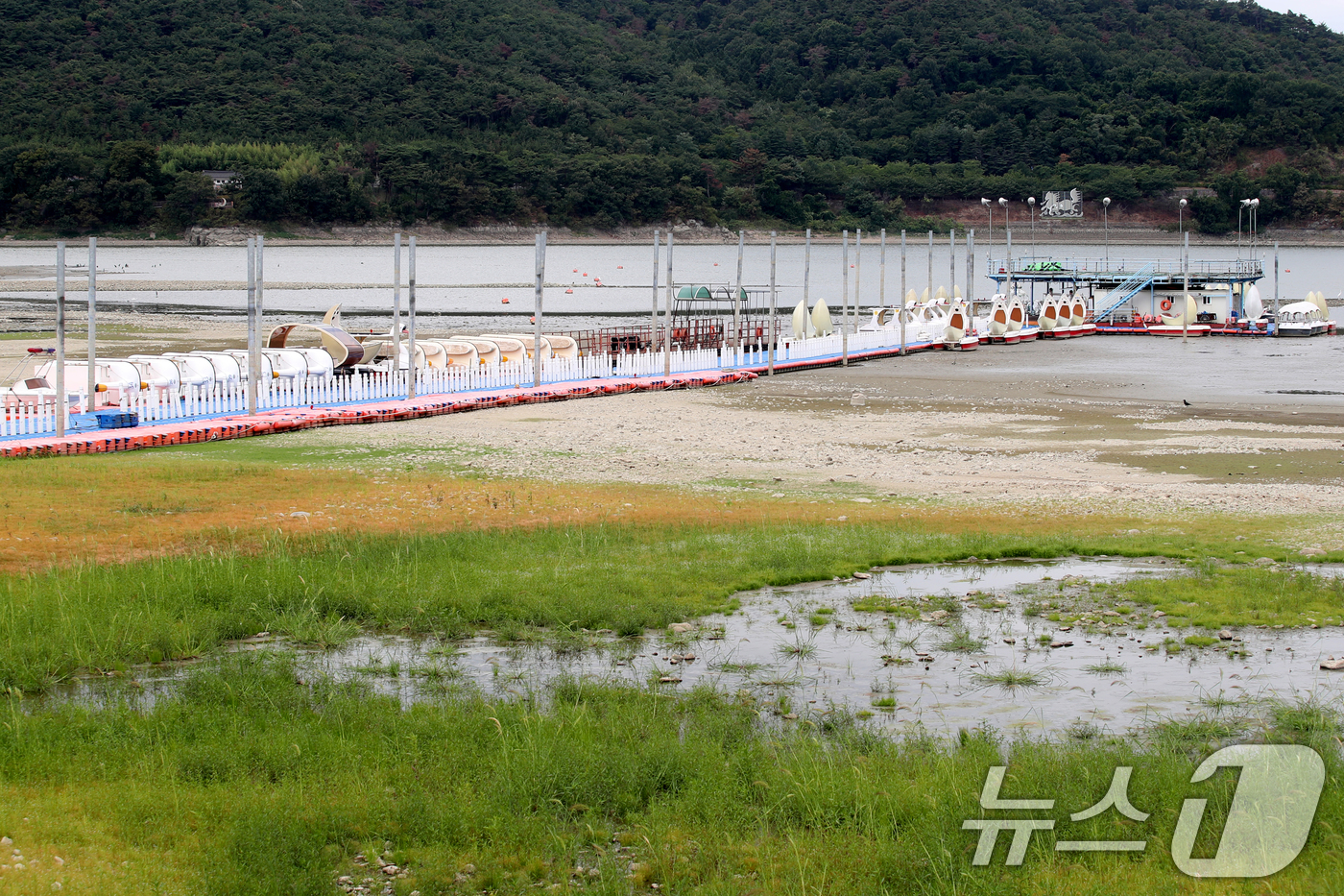(경주=뉴스1) 최창호 기자 = 5일 경북 경주시 보문호수가 여름 가뭄으로 바닥을 드러내면서 레저용 물놀이 기구와 보트 운행이 중단됐다. 2026.8.5/뉴스1
