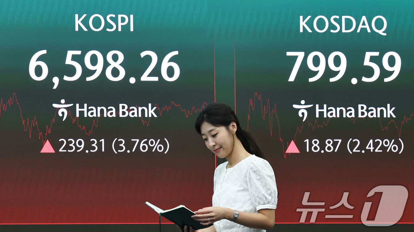 (서울=뉴스1) 이종수 기자 = 코스피가 반등하며 상승 마감한 5일 오후 서울 중구 하나은행 딜링룸 전광판에 코스피 지수 등 시황이 표시되고 있다. 이날 코스피는 미국 증시 강세와 …