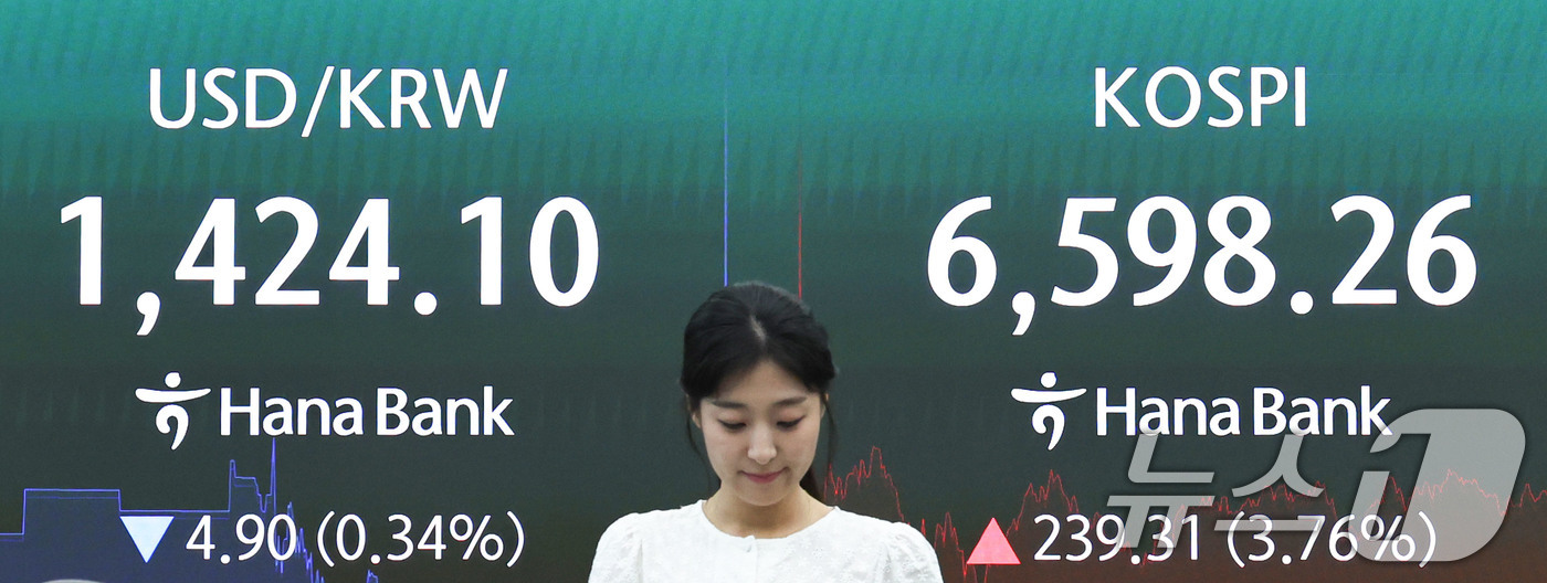 (서울=뉴스1) 이종수 기자 = 코스피가 반등하며 상승 마감한 5일 오후 서울 중구 하나은행 딜링룸 전광판에 코스피 지수 등 시황이 표시되고 있다. 이날 코스피는 미국 증시 강세와 …