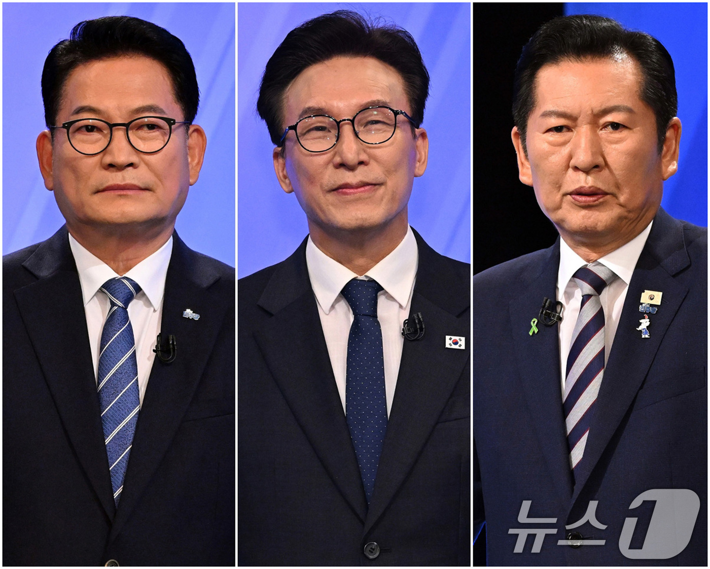 (서울=뉴스1) 국회사진기자단 = 더불어민주당 송영길(왼쪽부터), 김민석, 정청래 당대표 후보가 5일 서울 여의도 KBS에서 열린 2차 TV토론회를 준비하고 있다. 2026.8.5 …