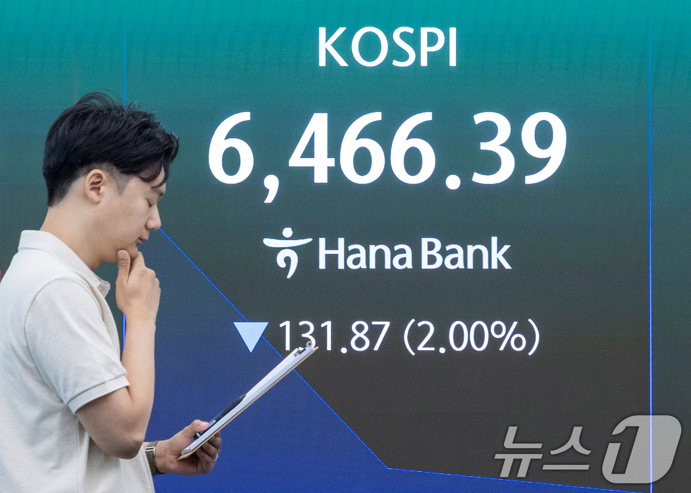 (서울=뉴스1) 안은나 기자 = 6일 오전 서울 중구 하나은행 본점 딜링룸 전광판에 코스피, 코스닥 지수, 달러·원 환율 개장 후 시황이 나오고 있다. 2026.8.6/뉴스1