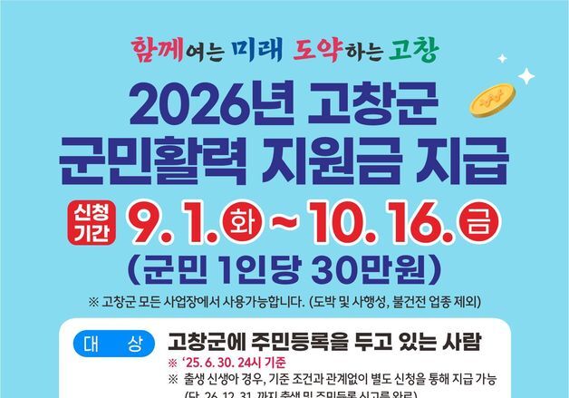 고창군 '군민활력지원금' 추석전 30만원 지급…"지역경제 활력"