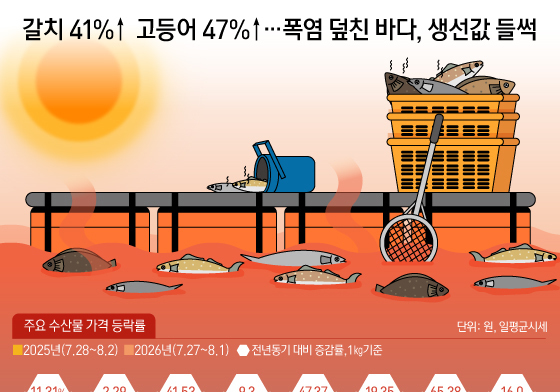 [오늘의 그래픽] 갈치 41%↑ 고등어 47%↑…폭염 덮친 바다, 생선값 들썩