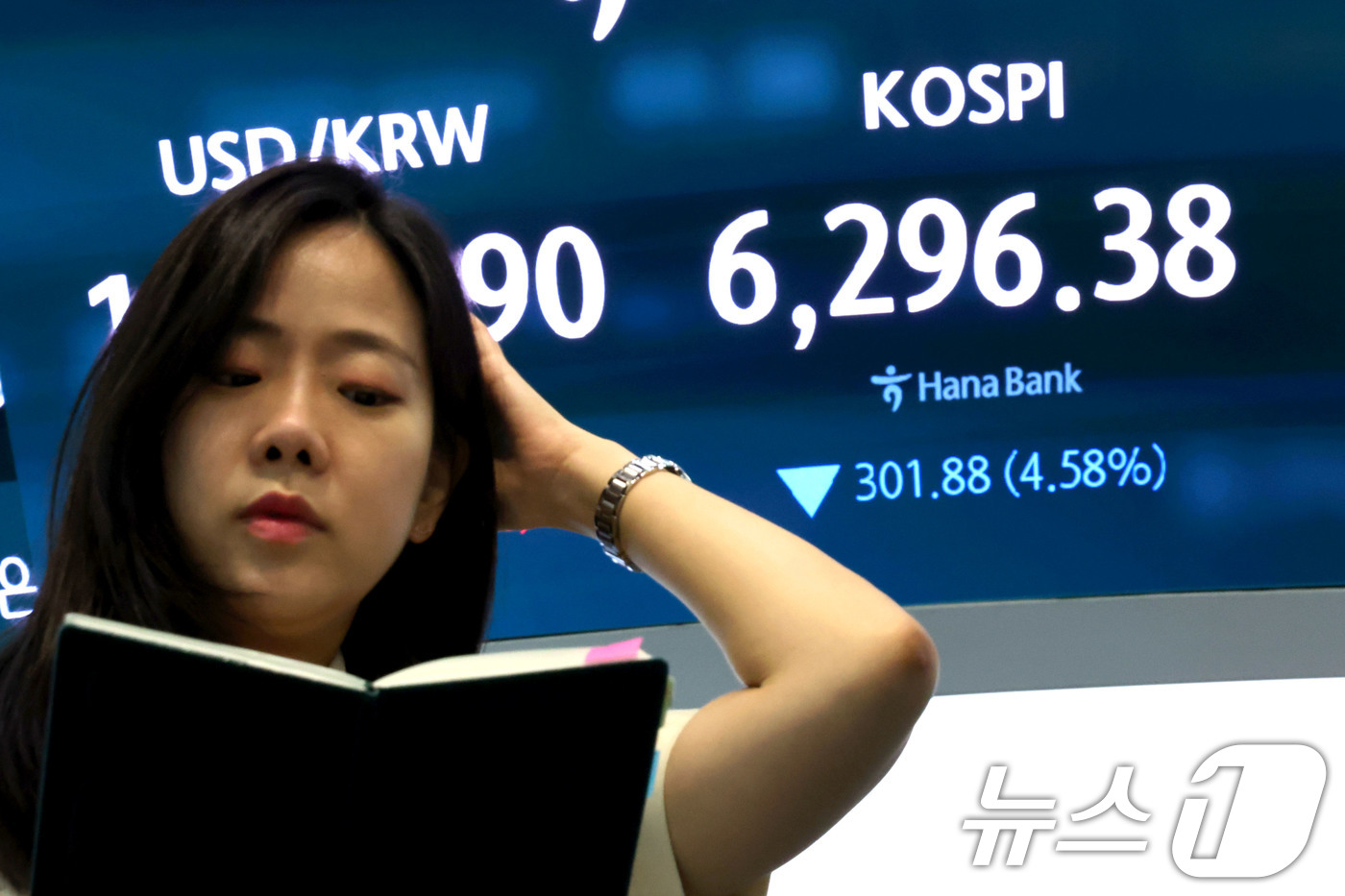 (서울=뉴스1) 이광호 기자 = 코스피가 4% 넘게 급락 마감한 6일 오후 서울 중구 하나은행 딜링룸 현황판에 코스피 지수가 전장대비 301.88포인트(4.58%) 하락한 6,29 …