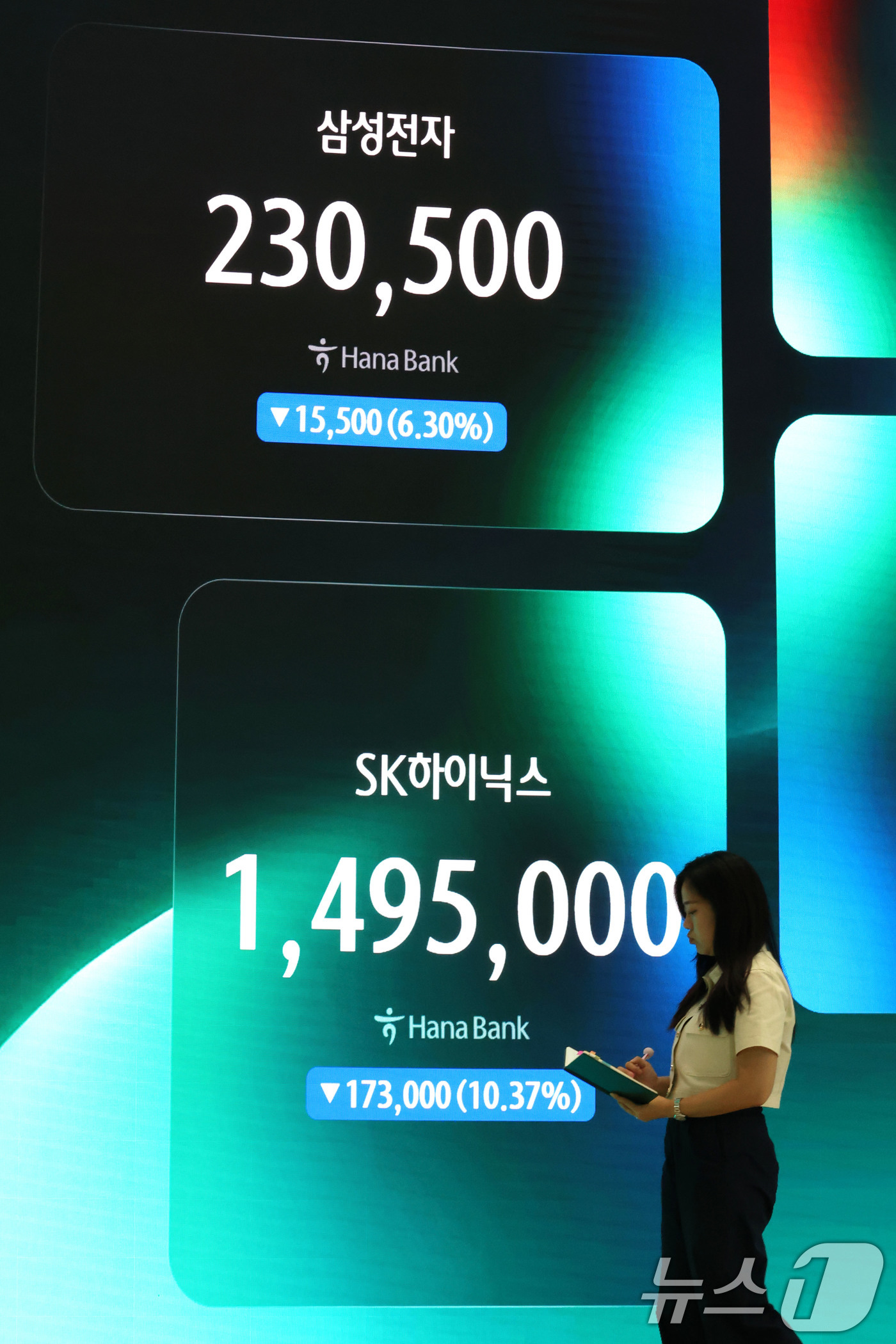 (서울=뉴스1) 이광호 기자 = 코스피가 4% 넘게 급락 마감한 6일 오후 서울 중구 하나은행 딜링룸에 SK하이닉스와 삼성전자 주가가 표시되고 있다. 2026.8.6/뉴스1