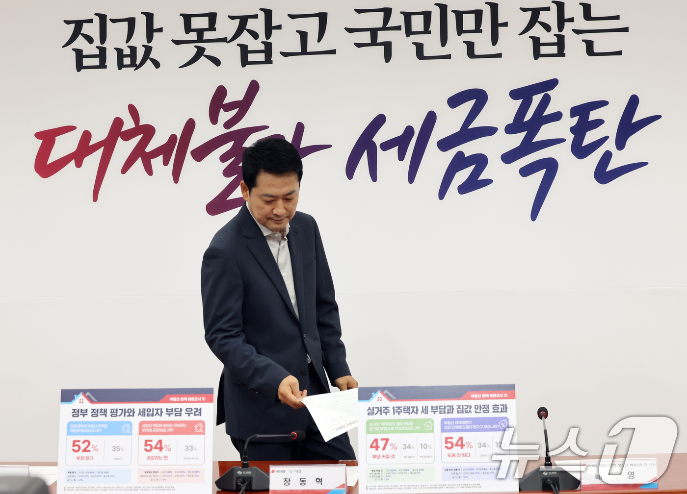 (서울=뉴스1) 황기선 기자 = 장동혁 국민의힘 대표가 7일 오전 서울 여의도 국회에서 열린 부동산 정책 정상화 특별위원회 전체회의에 참석하고 있다.  2026.8.7/뉴스1