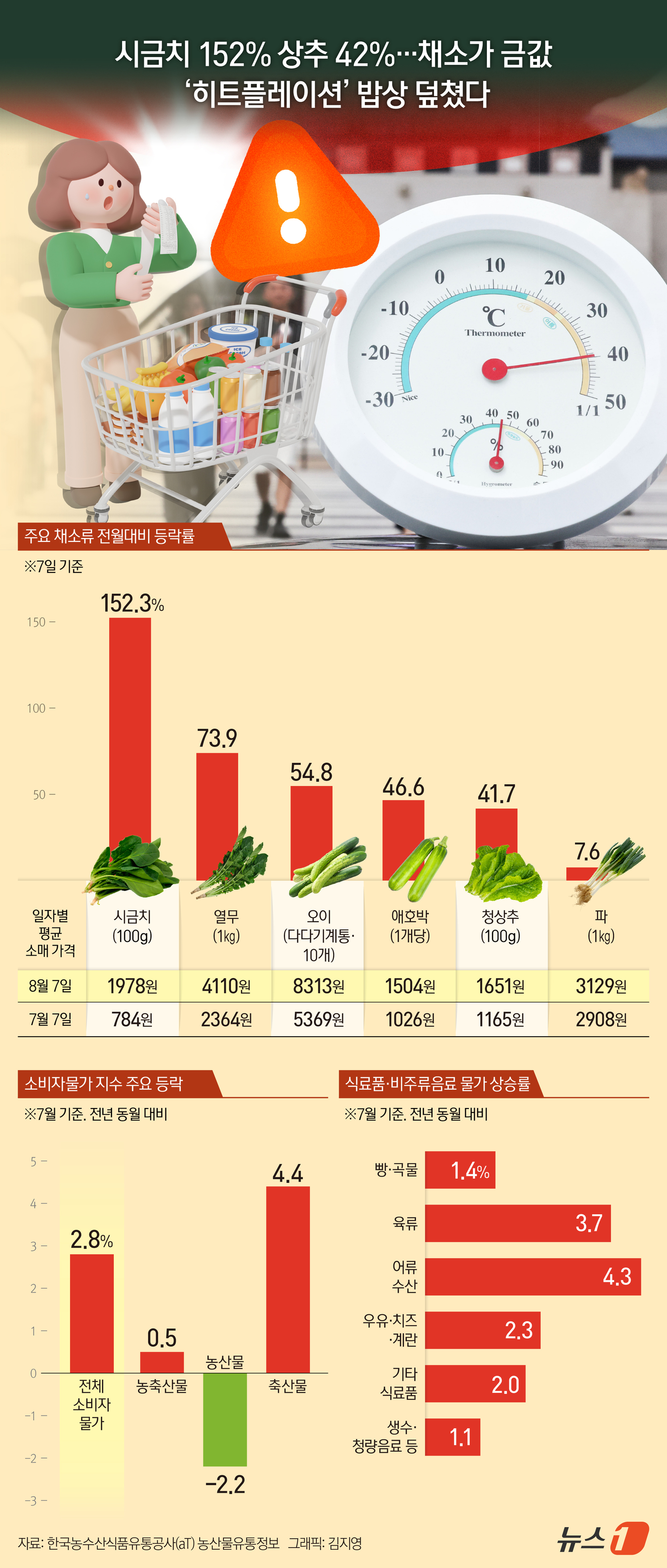 (서울=뉴스1) 김지영 디자이너 = 연일 이어지는 기록적인 폭염이 밥상물가를 전방위로 끌어올리고 있다. 지난달 집중호우에 이어 재난급 폭염이 장기화하면서 농축수산물 전반으로 '히트 …