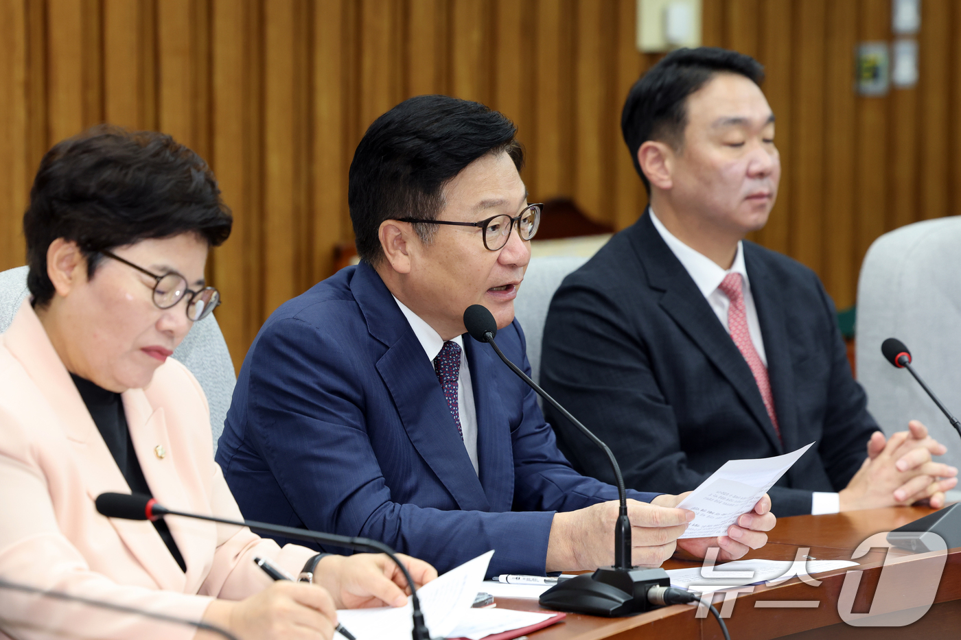 (서울=뉴스1) 황기선 기자 = 정점식 국민의힘 원내대표가 1일 오전 서울 여의도 국회에서 열린 원내대책회의에서 발언을 하고 있다.  2026.9.1/뉴스1