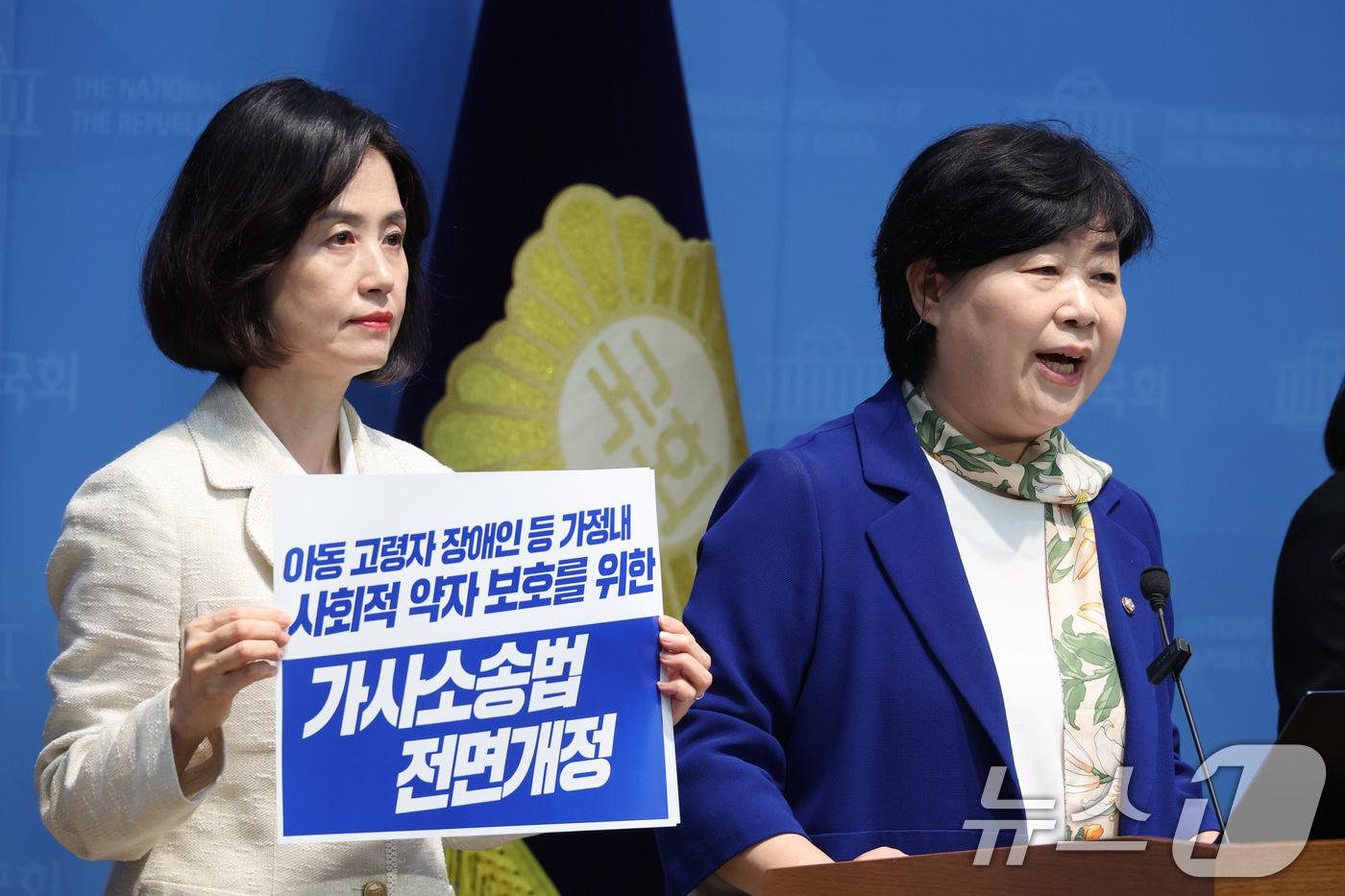 (서울=뉴스1) 신웅수 기자 = 서영교 법제사법위원장과 박은정 조국혁신당 의원이 1일 서울 여의도 국회 소통관에서 가사소송법 전면 개정 촉구 기자회견을 하고 있다. 2026.9.1 …