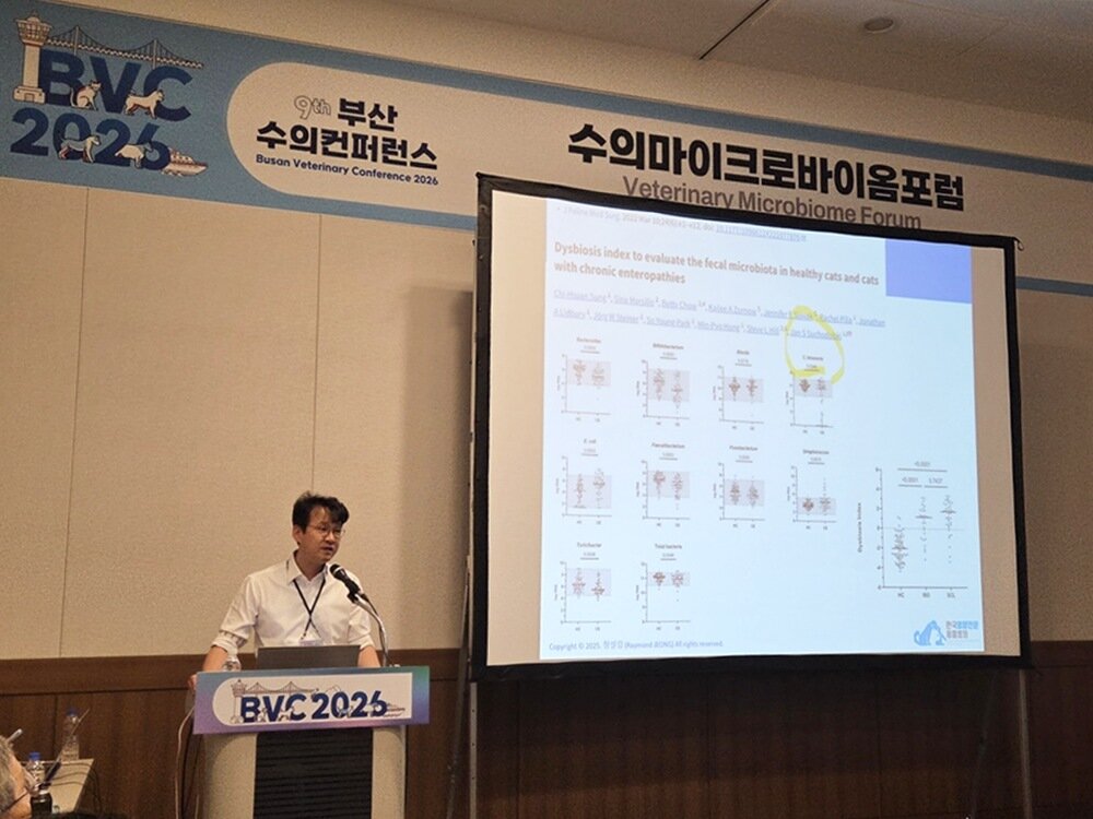 본문 이미지 - 정설령 한국반려동물영양연구소 대표가 제9회 부산수의컨퍼런스 2026에서 열린 수의마이크로바이오포럼에서 반려동물의 장내 미생물과 프로바이오틱스 연구 동향을 소개했다. ⓒ 뉴스1