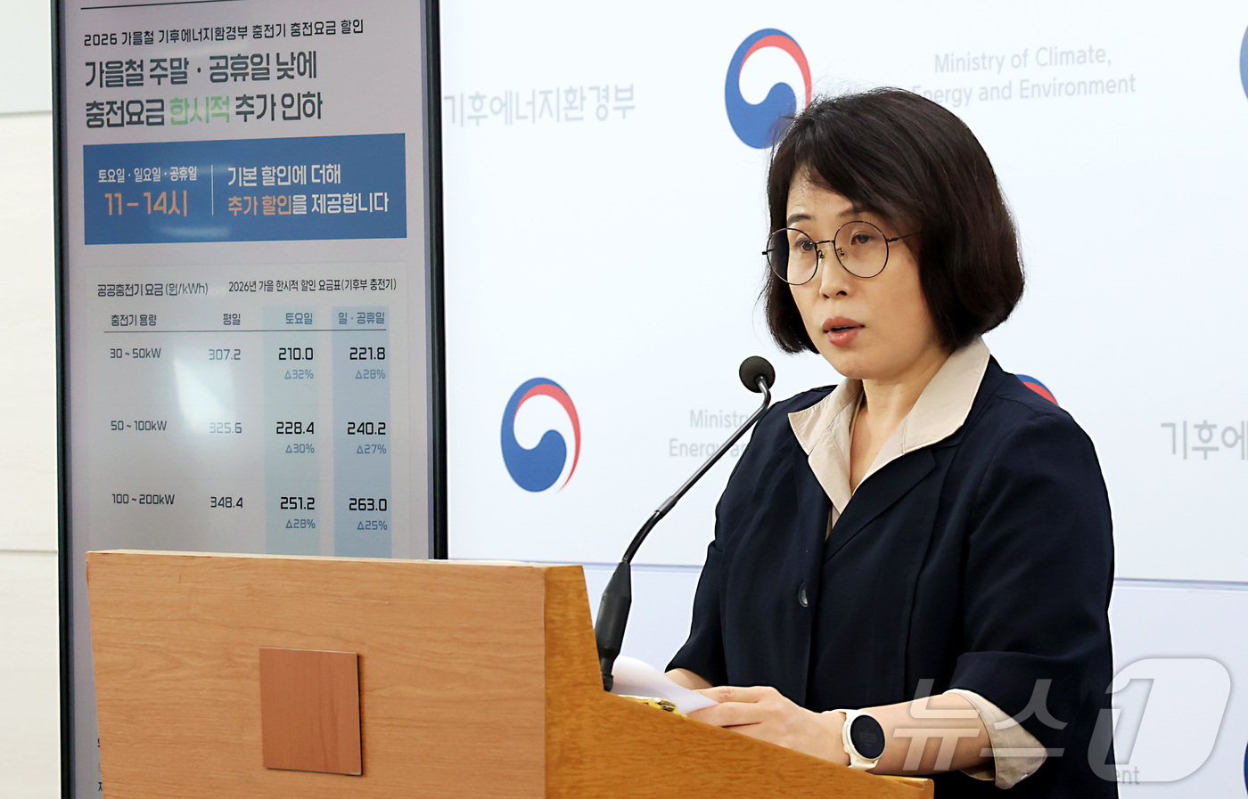 (세종=뉴스1) 김기남 기자 = 정선화 기후에너지환경부 정선화 녹색전환정책관이 지난 1일 세종시 정부세종청사에서 전기차 충전요금 가을철 주말·공휴일 낮시간대 할인 내용을 발표하고 …