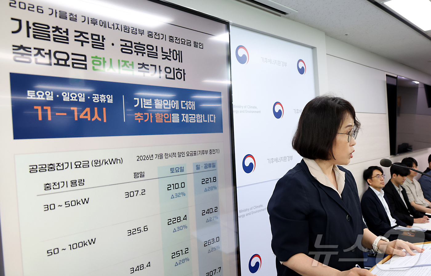(세종=뉴스1) 김기남 기자 = 정선화 기후에너지환경부 정선화 녹색전환정책관이 지난 1일 세종시 정부세종청사에서 전기차 충전요금 가을철 주말·공휴일 낮시간대 할인 내용을 발표하고 …