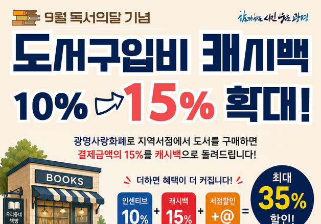 광명시 "독서의 달 맞아 도서 결제금액 15% 환급…최대 1만원"