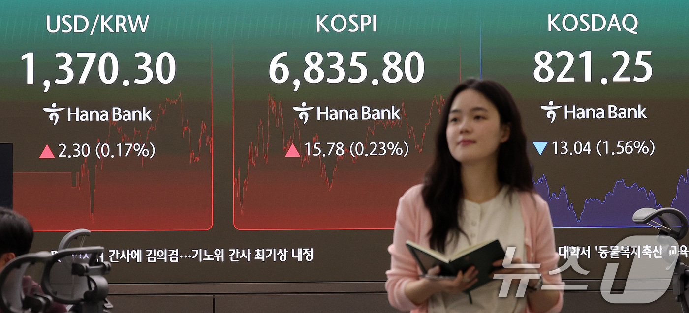 (서울=뉴스1) 박지혜 기자 = 1일 서울 중구 하나은행 본점 딜링룸 전광판에 코스피 지수 종가가 나타나고 있다.이날 코스피는 전일 종가와 비교해 15.78포인트(0.23%) 상승 …