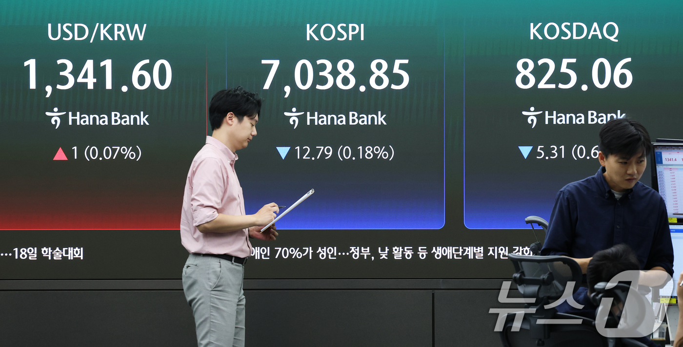 (서울=뉴스1) 오대일 기자 = 10일 오전 서울 중구 하나은행 딜링룸 전광판에 코스피 지수 등 시황이 표시되고 있다. 이날 코스피는 전일 대비 0.18% 내린 7038.85로 하 …