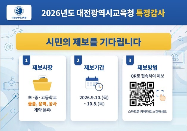 대전교육청 '투명한 학교만들기' 특정감사 집중 제보 기간 운영