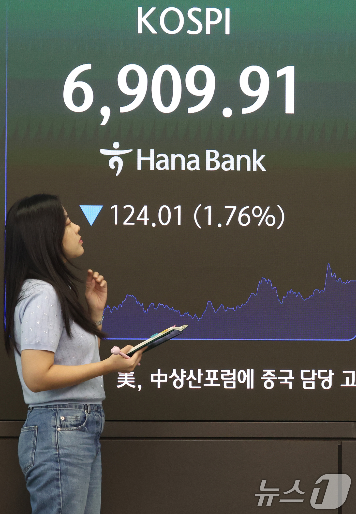 (서울=뉴스1) 김명섭 기자 = 11일 오후 서울 중구 하나은행 딜링룸 전광판에 증시 시황이 표시되고 있다. 이날 코스피는 전 거래일 종가 대비 124.01포인트(p)(1.76%) …
