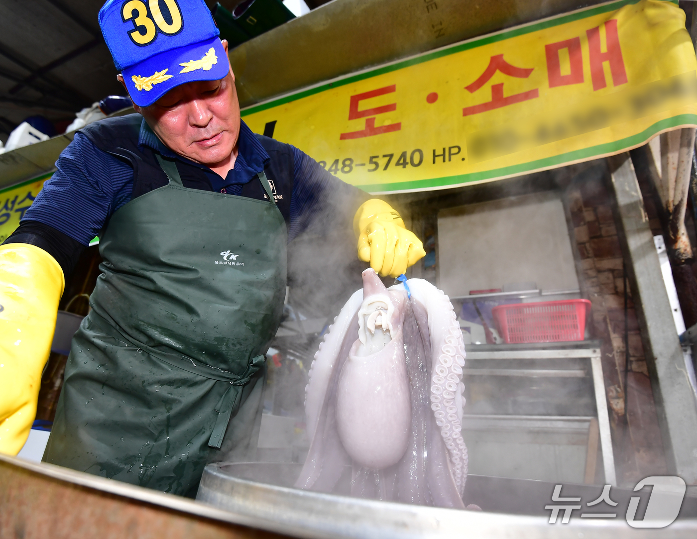 (포항=뉴스1) 최창호 기자 = 추석 명절을 앞둔 13일 오전 경북 포힝시 죽도어시장 문어 골목에서 한 상인이 문어를 삶고 있다. 2026.9.13/뉴스1