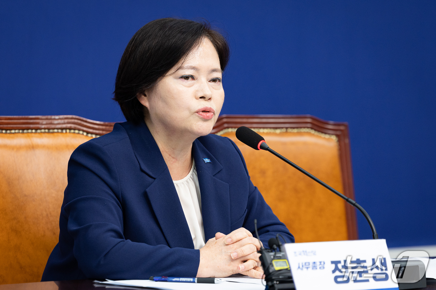 (서울=뉴스1) 유승관 기자 = 정춘생 조국혁신당 사무총장이 13일 서울 여의도 국회에서 현안 관련 기자간담회를 하고 있다. 2026.9.13/뉴스1