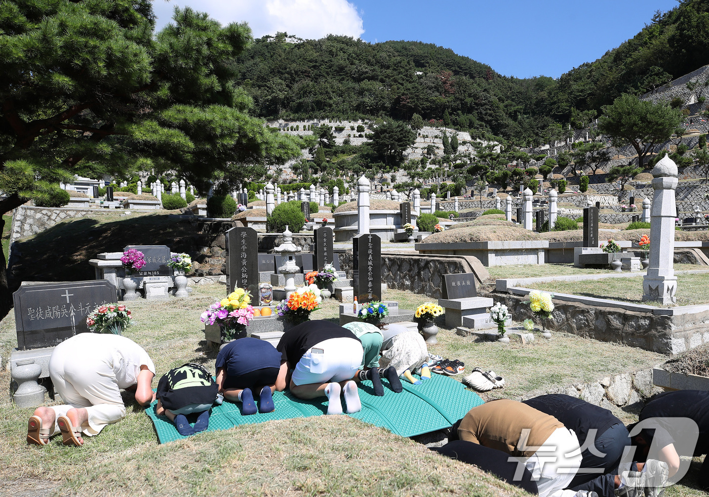 (칠곡=뉴스1) 공정식 기자 = 추석 연휴를 한주 앞둔 13일 경북 칠곡군 동명면 현대공원 묘원을 찾은 가족들이 성묘를 하고 있다. 2026.9.13/뉴스1